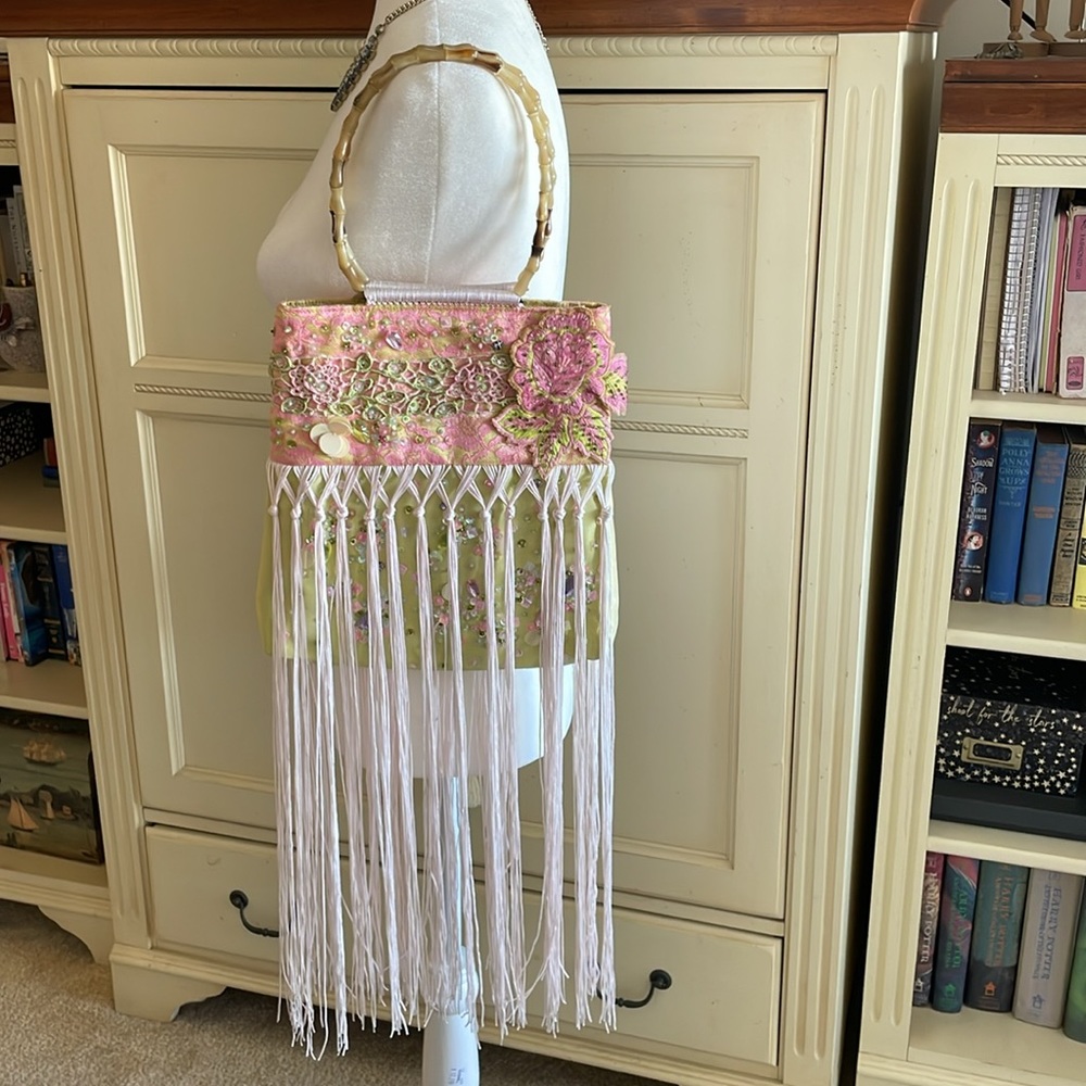 Ipa-Nima silk beaded bag with silk fringe. This is a One of a kind showpiece.